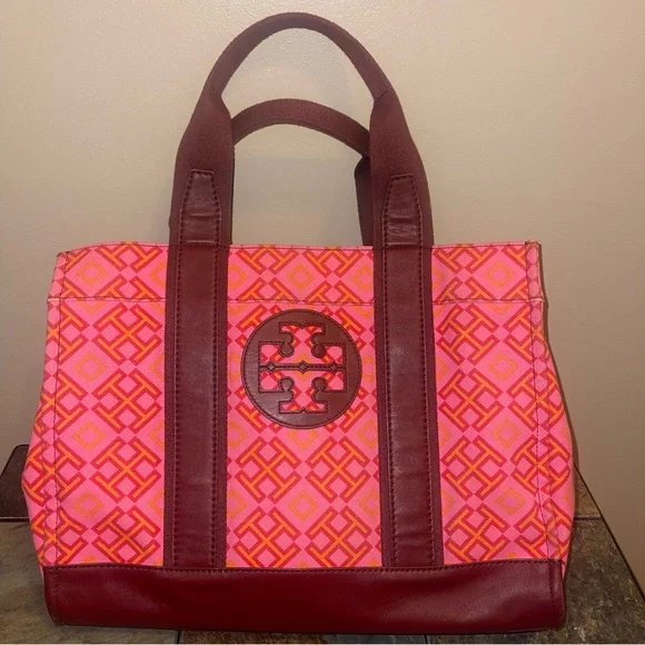 Tory Burch Geometric Pink and Burgundy Tote - Picture 1 of 5